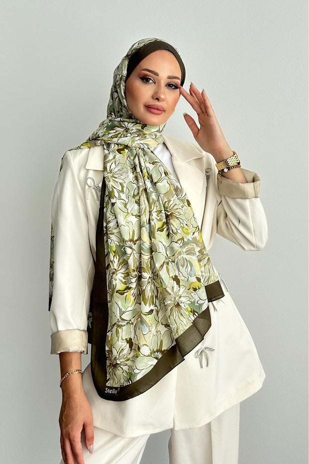 Lotus Floral Soft Cotton Shawl - Haki