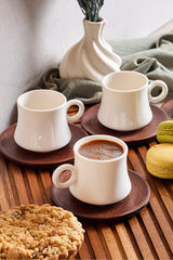 Modern Porcelain Coffee Cup Set with Acacia Saucers - 6-Piece