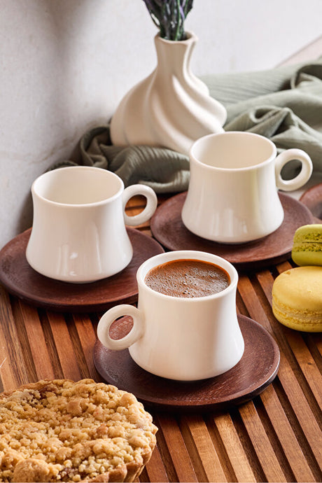 Modern Porcelain Coffee Cup Set with Acacia Saucers - 6-Piece