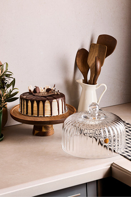Acacia Wood & Glass Cake Dome with Stand - 25 cm