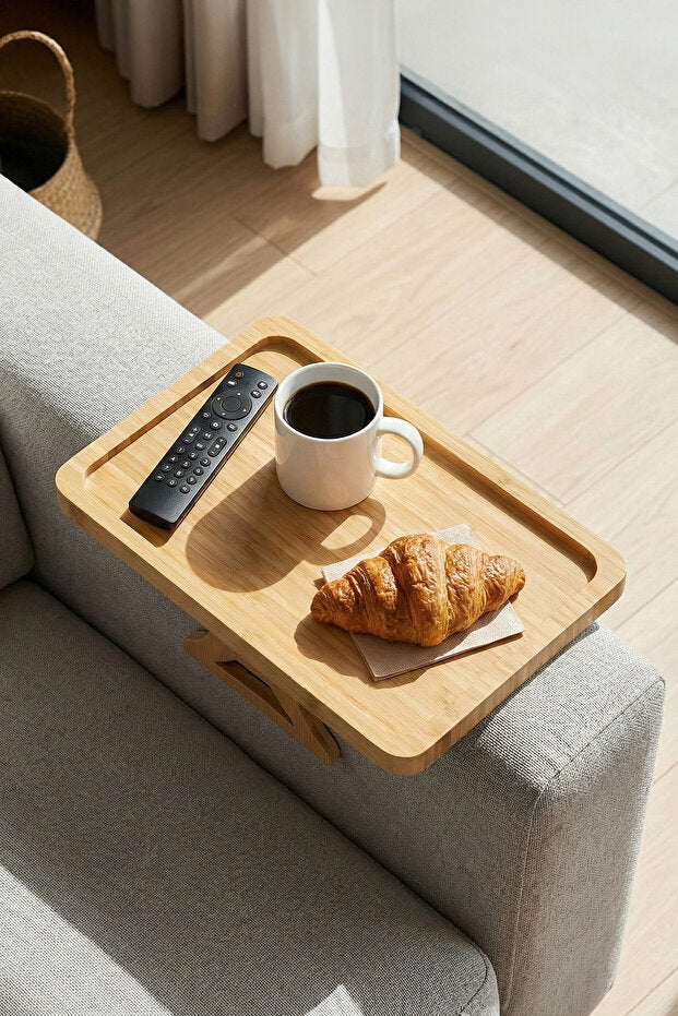 Bamboo Sofa Armrest Tray - 38x25 cm with Non-Slip Design