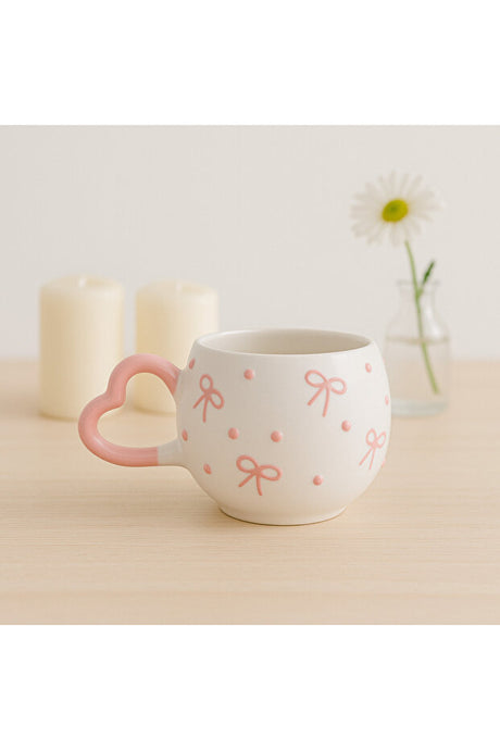 Hand-Embroidered Ceramic Mug - Pink Bow & Heart Handle