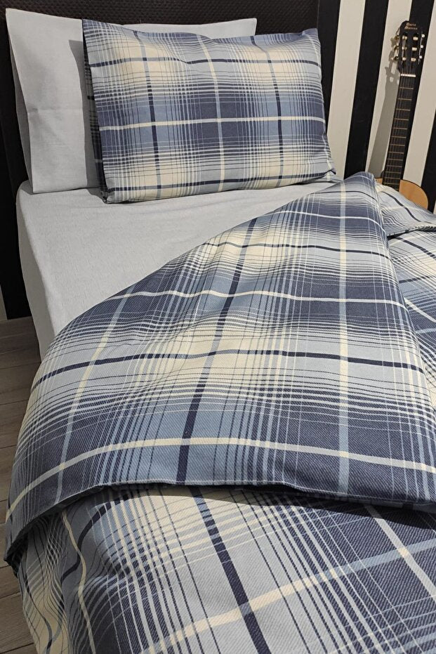 Single Plaid Blue Duvet Cover Set with Fitted Sheet
