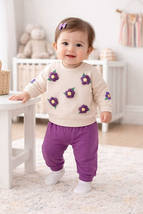 Baby Girls' Embossed Floral 2-Piece Sweatshirt & Pants Set - 6-9 Months