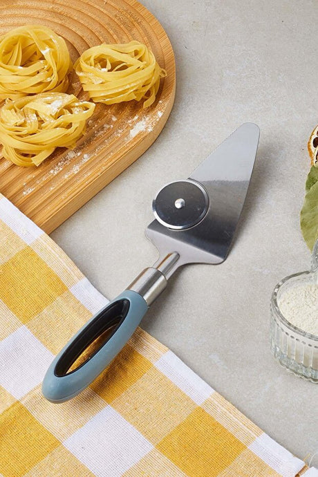 Durable Stainless Steel Spatula with Pizza Cutter Wheel - Grey