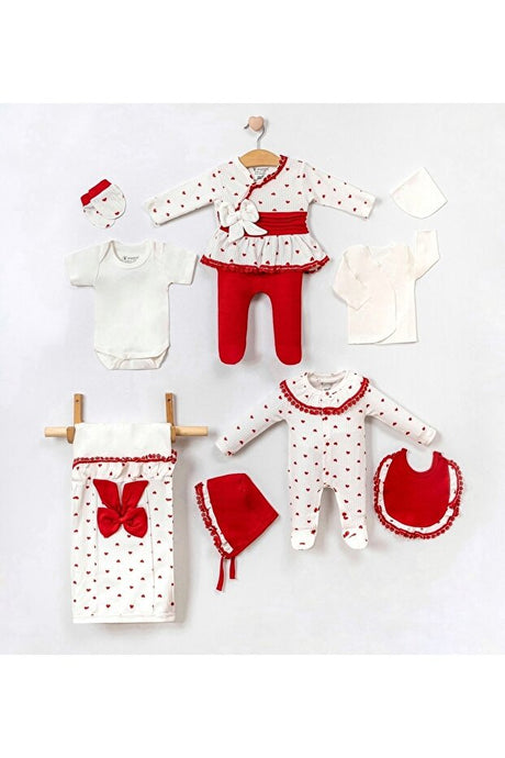 Organic Heart Print Baby Girl Newborn Layette Set - 10 Pieces