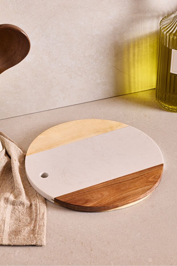 Modern Marble & Acacia Wood Round Cutting Board - 25 cm