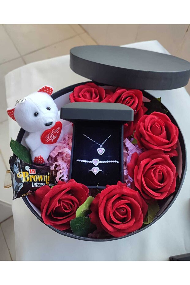 Red Rose & Heart Jewelry Gift Set with Teddy Bear & Chocolate