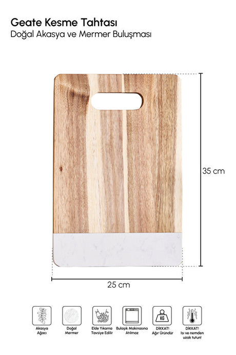 Acacia Wood & Marble Cutting Board with Handle - 35x25 cm