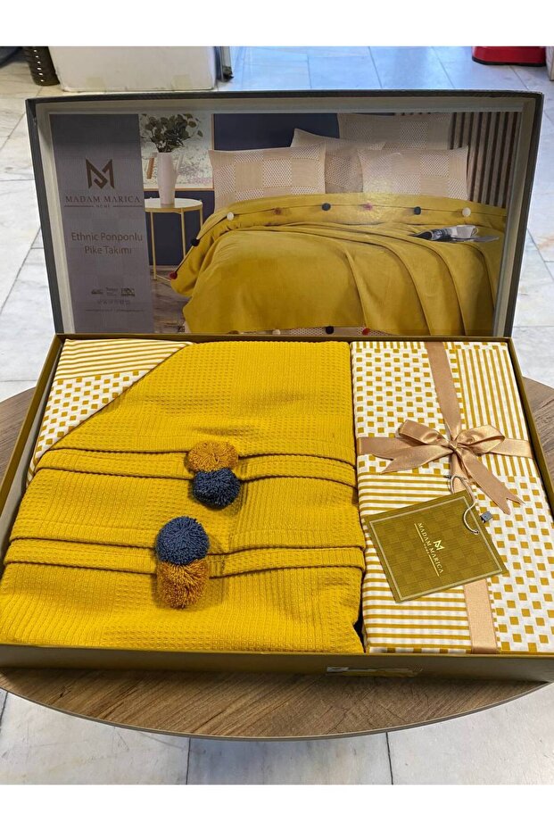 Double Size Pom-pom Cotton Pique Set - Mustard Yellow