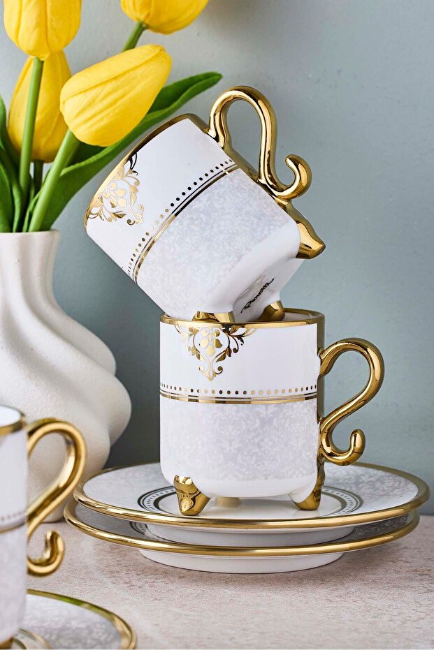 Ottoman Porcelain Coffee Cup Set with Gold Details - 6 Person