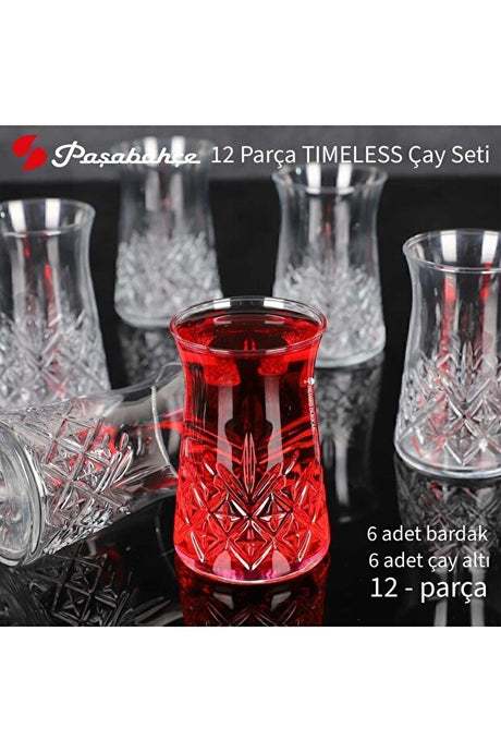 Set di bicchieri da tè turchi Pasabahce Timeless con piattini - 24 pezzi in confezione bulk