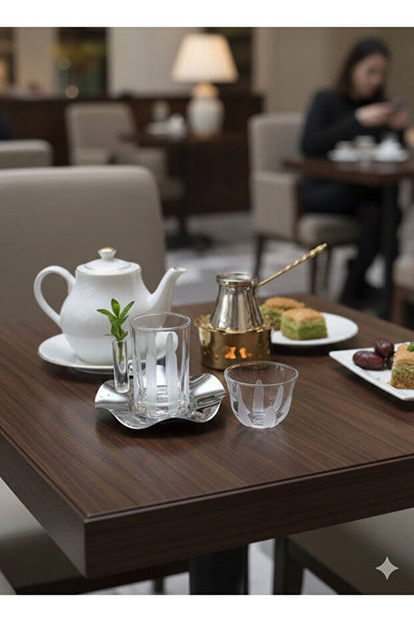 Moroccan-Inspired Fluted Glass Tea Set with Ornate Serving Tray