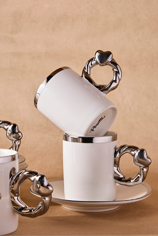 Elegant 6-Person Porcelain Coffee Cup Set with Silver Handles