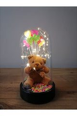 Illuminated Teddy Bear & Heart Balloons Glass Dome
