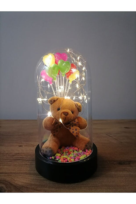 Illuminated Teddy Bear & Heart Balloons Glass Dome