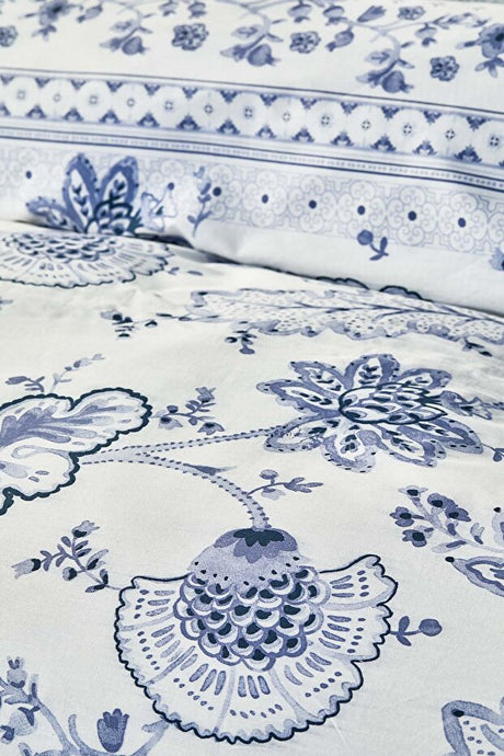 Amar Blue Floral 100% Cotton Double Duvet Cover Set