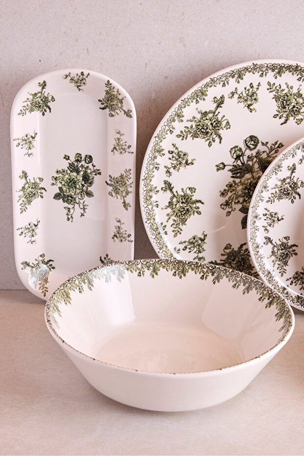 Vintage Green Floral 27-Piece Ceramic Dinnerware Set