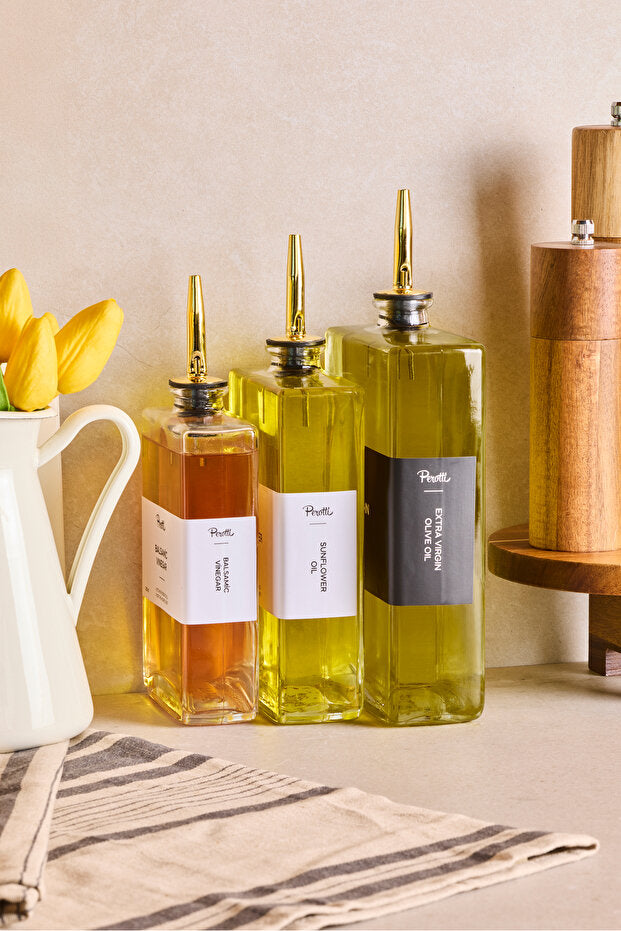 3-Piece Gold Cap Glass Oil & Vinegar Dispenser Set - 350, 500, 750ml