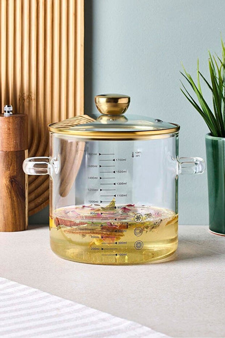 1800ml Borosilicate Glass Pot with Gold Lid - Heat Resistant Cookware