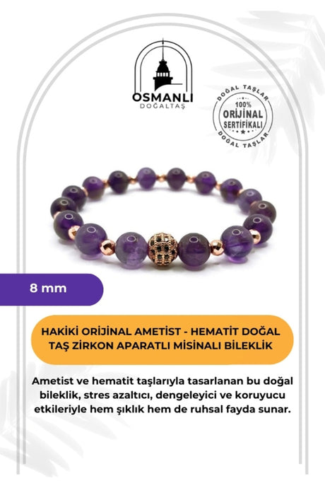Amethyst Hematite Natural Stone Bracelet with Zircon Accent - 8mm Beads