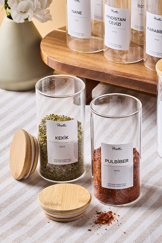 Borosilicate Glass Spice Jars Set - 300ml x 12 with Bamboo Lids