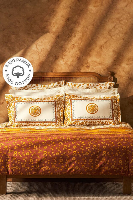 Paye Selcuklu Anka Mustard 100% Cotton Double Duvet Cover Set