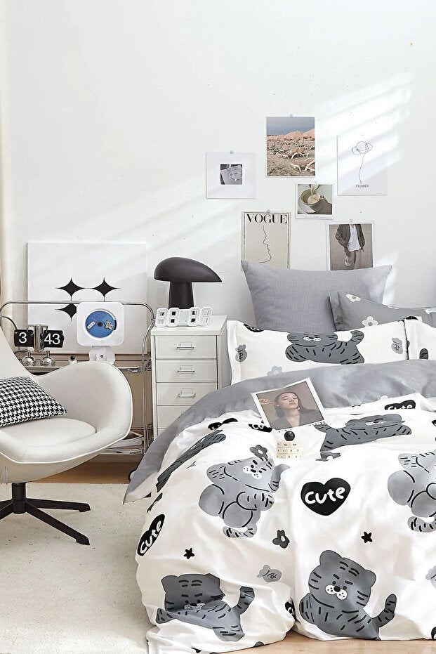 CUTE White Double Duvet Cover Set - 4 Piece, 200x220 cm