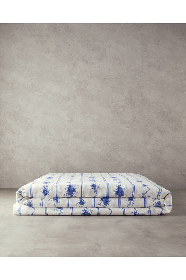 Flower Line Double Cotton Pique Bedspread - Blue Floral