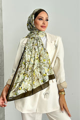 Shawl in Cotone Morbido con Motivo Floreale Lotus - Haki