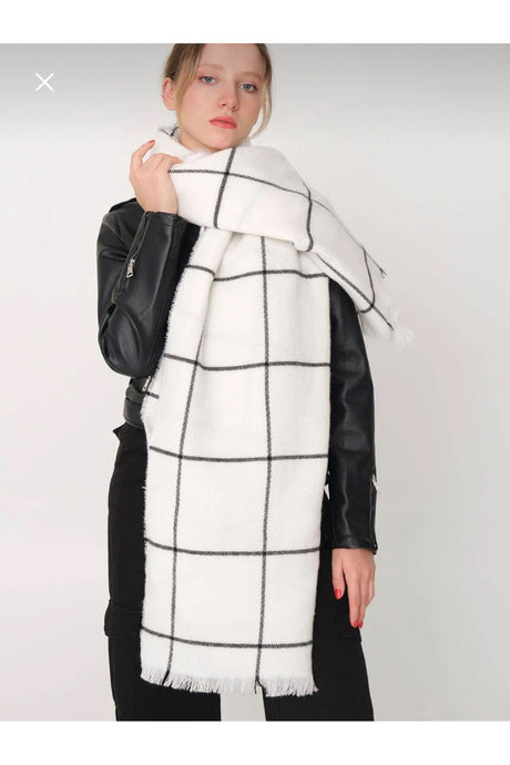 White & Black Plaid Winter Scarf Wool Blend