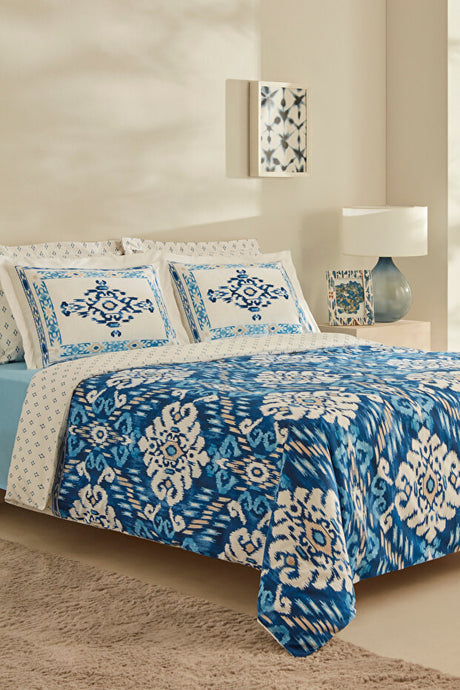 Venos Double Duvet Cover Set - 100% Cotton Blue Ikat