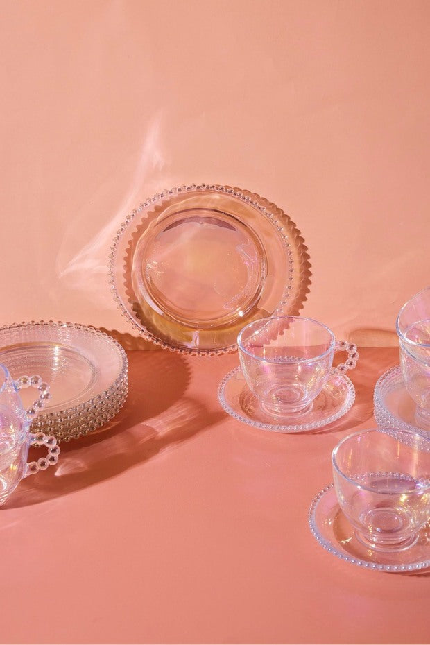 Iridescent Beaded Glass Tea Cup & Dessert Plate Set - 18 Pieces