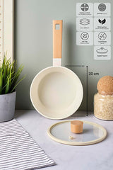 Beige Induction Ceramic Saucepan with Wooden Handle & Glass Lid - 20 cm