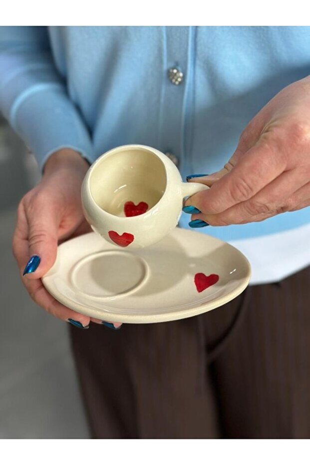 Ceramic Turkish Coffee Cup and Saucer Set - Romantic Heart Design