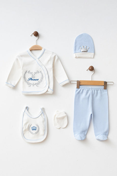 Newborn Baby Prince Embroidered 5-Piece Cotton Layette Set 0-3 Months