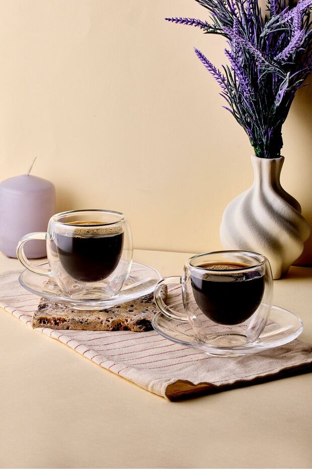 90ml Double Walled Coffee Cup Set - 2 Cups & 2 Saucers