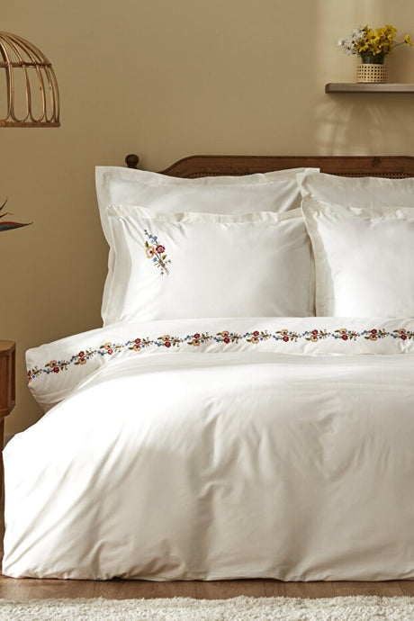 100% Cotton Embroidered Double Duvet Cover Set - White 200x220 cm