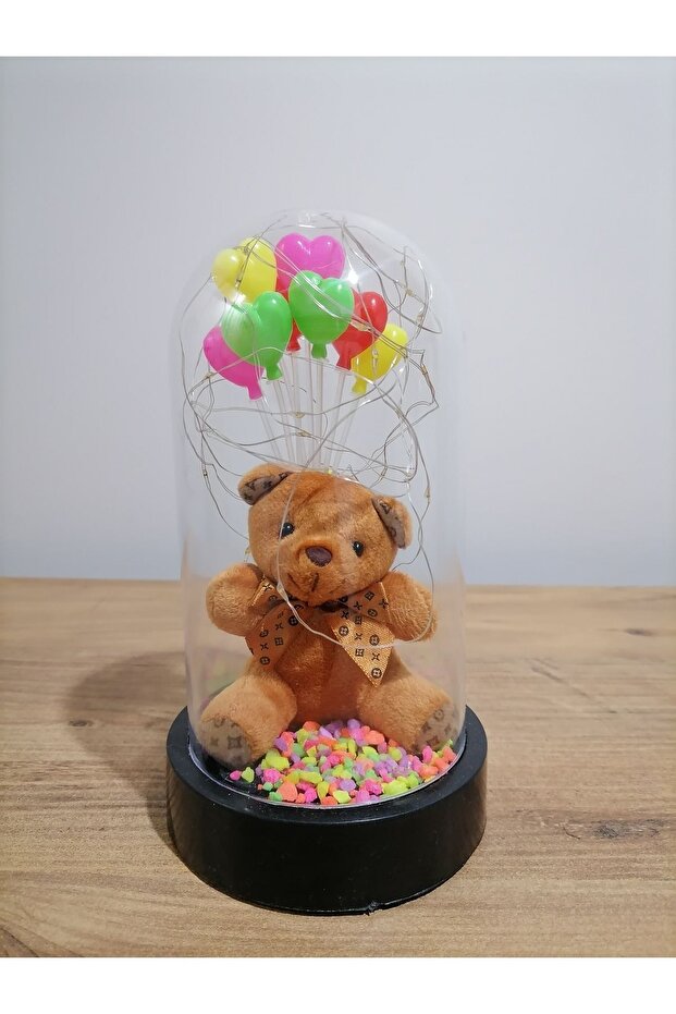 Illuminated Teddy Bear & Heart Balloons Glass Dome