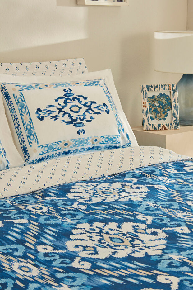 Venos Double Duvet Cover Set - 100% Cotton Blue Ikat