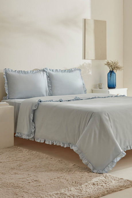 Pure Ruffle 100% Cotton Double Duvet Cover Set - Light Blue