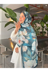 Retro Floral Cotton Shawl - Turquoise & White Flowers