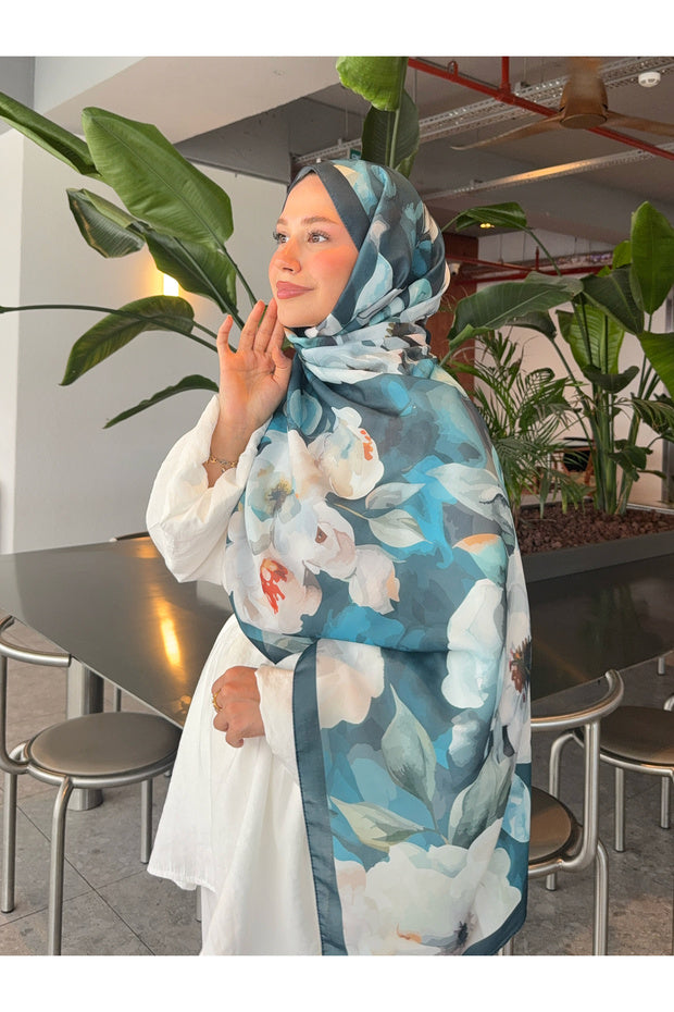 Retro Floral Cotton Shawl - Turquoise & White Flowers