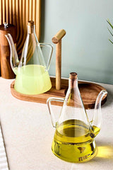 Acacia Stand Oil & Vinegar Dispenser Set - 2 x 500ml Glass Bottles