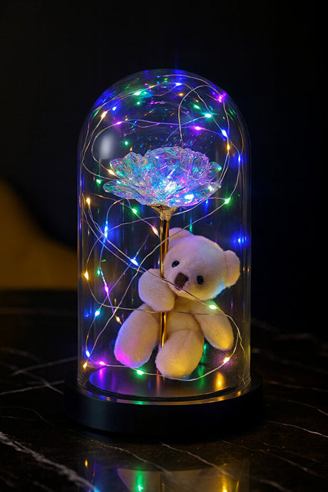 LED Light-Up Eternity Rose & Teddy Bear Dome - Romantic Gift