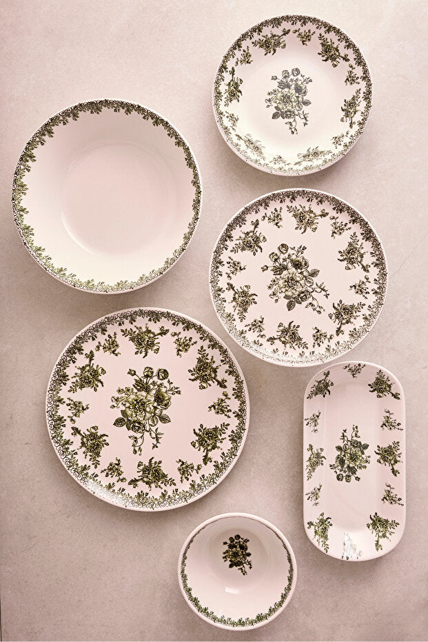 Vintage Green Floral 27-Piece Ceramic Dinnerware Set