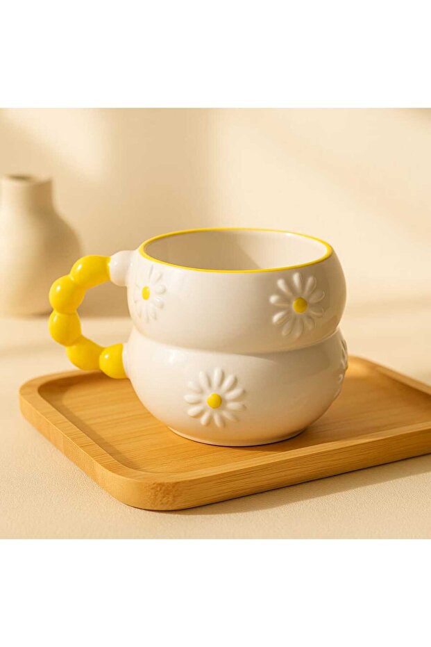 Embossed Yellow Daisy Ceramic Mug with Bead Handle - 250cc