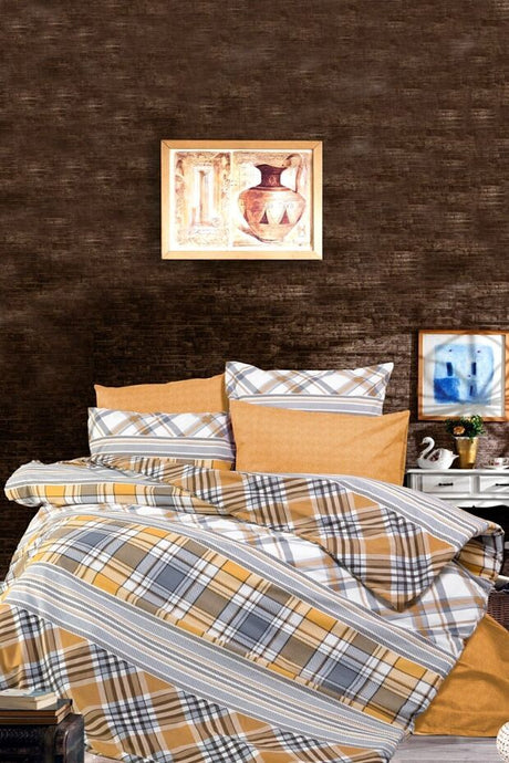 Double Plaid Mustard Duvet Cover Set - 4 Pieces