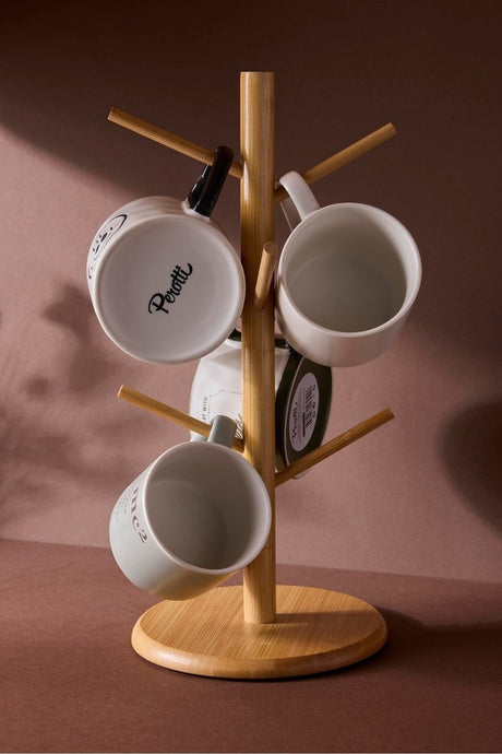 Bamboo Mug Tree with 6 Hooks - Round Base Cup Holder