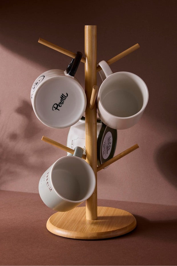 Bamboo Mug Tree with 6 Hooks - Round Base Cup Holder